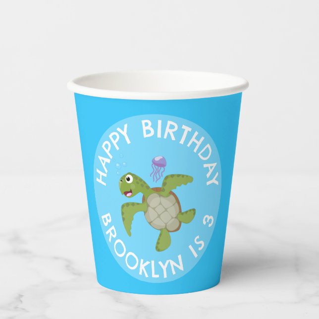 Cute green sea turtle happy cartoon personalised paper cups (Front)