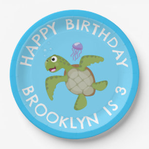 Cute green sea turtle happy cartoon personalised paper plate