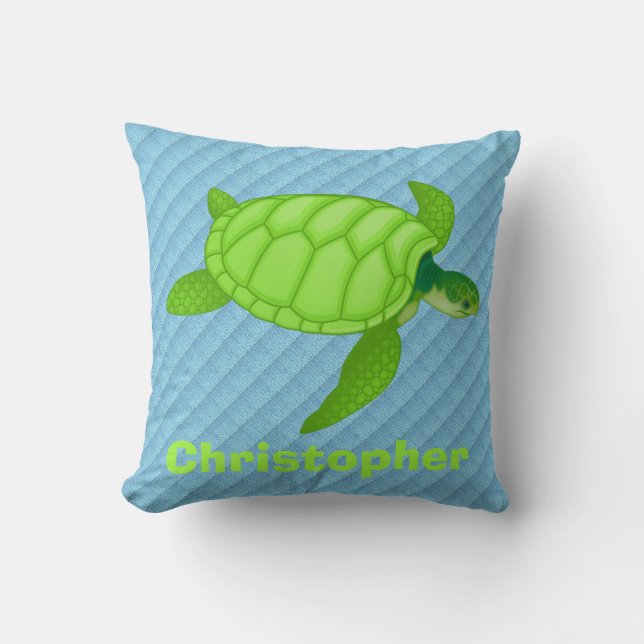Cute Green Sea Turtle on Blue, Add Name Cushion (Front)