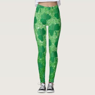 Cute Green Shamrock St Patricks Day Irish Glitter Leggings