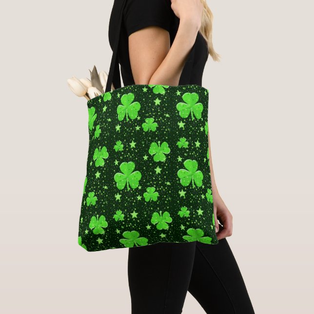 Cute Green Shamrock Stars Irish St. Patrick's Day Tote Bag (Close Up)