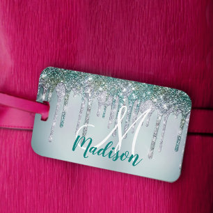 Cute Green silver Unicorn Glitter Drips monogram Luggage Tag