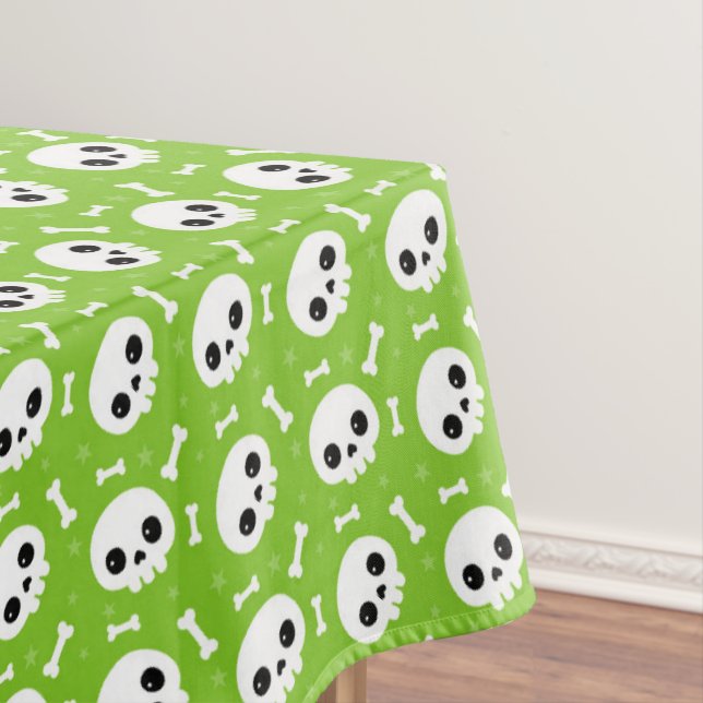 Cute Green Skull & Bones Halloween Pattern Tablecloth (In Situ)