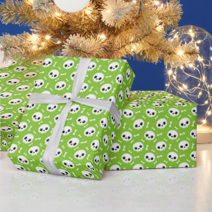 Cute Green Skull & Bones Halloween Pattern Wrapping Paper