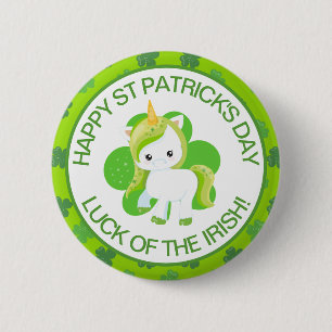 Cute Green Smiling Irish Lucky Unicorn and Clover 6 Cm Round Badge