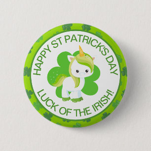 Cute Green Smiling Irish Lucky Unicorn and Clover 6 Cm Round Badge
