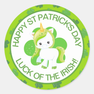 Cute Green Smiling Irish Lucky Unicorn and Clover Classic Round Sticker