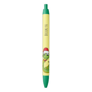 Cute green snake with santa hat cartoon black ink pen