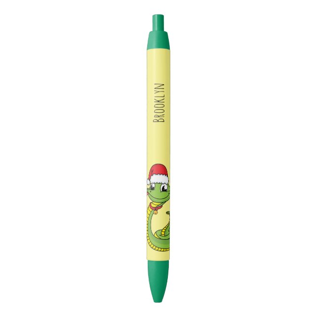 Cute green snake with santa hat cartoon black ink pen (Front Vertical)