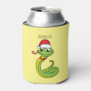 Cute green snake with santa hat cartoon can cooler