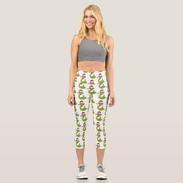 Cute green snake with santa hat cartoon capri leggings (Front)