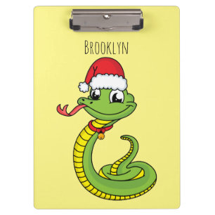 Cute green snake with santa hat cartoon clipboard