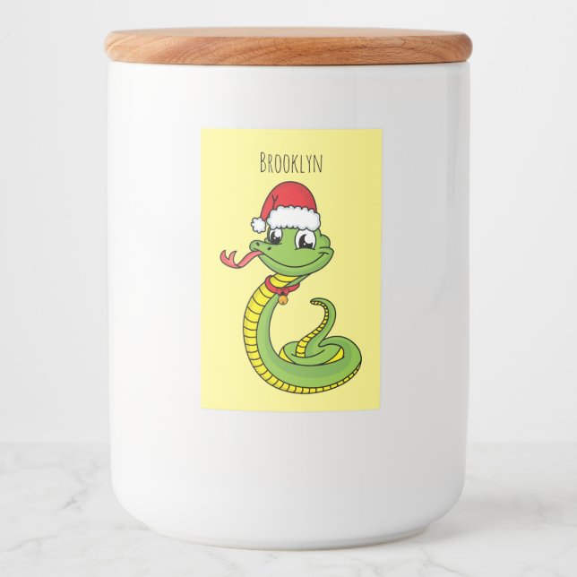 Cute green snake with santa hat cartoon food label (Front)