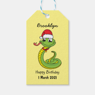 Cute green snake with santa hat cartoon gift tags