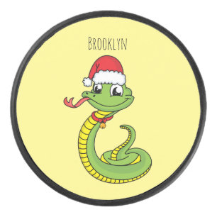 Cute green snake with santa hat cartoon hockey puck