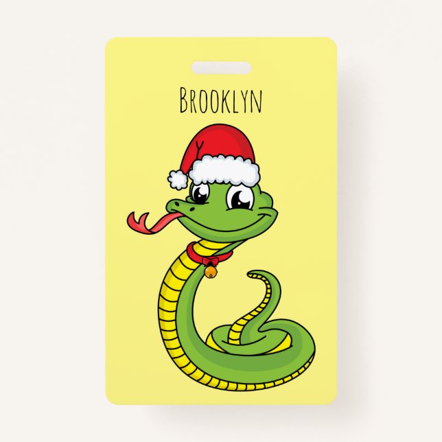 Cute green snake with santa hat cartoon ID badge (Front)