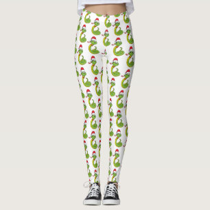 Cute green snake with santa hat cartoon leggings