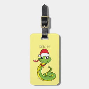 Cute green snake with santa hat cartoon luggage tag