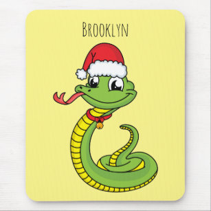 Cute green snake with santa hat cartoon mouse mat