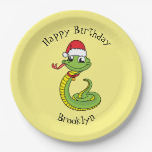 Cute green snake with santa hat cartoon paper plate