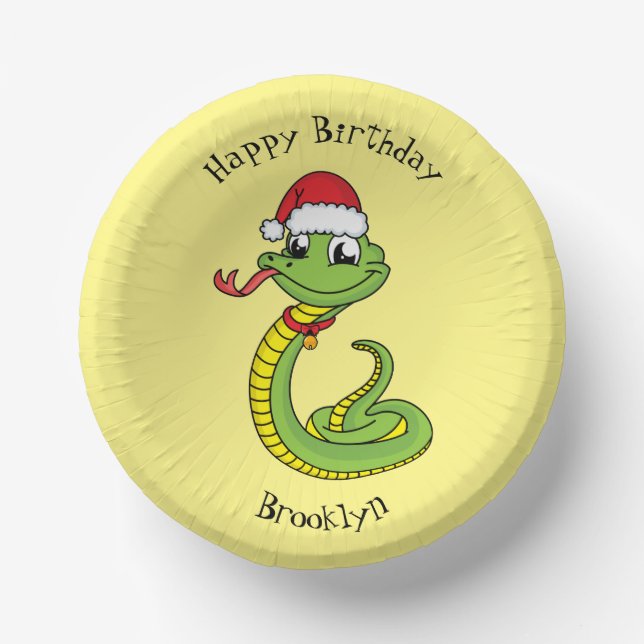 Cute green snake with santa hat cartoon paper plate (Front)