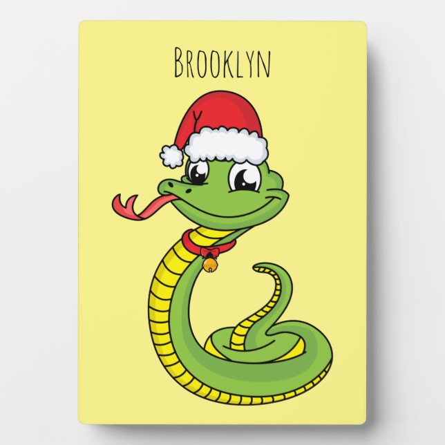 Cute green snake with santa hat cartoon plaque (Front)