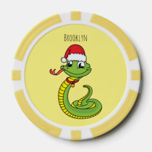 Cute green snake with santa hat cartoon poker chips
