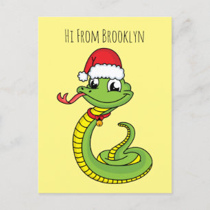 Cute green snake with santa hat cartoon postcard