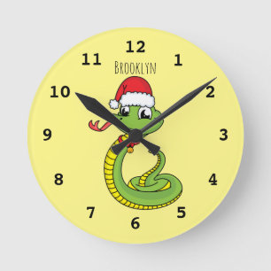 Cute green snake with santa hat cartoon round clock