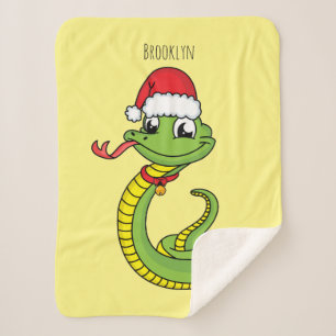 Cute green snake with santa hat cartoon sherpa blanket