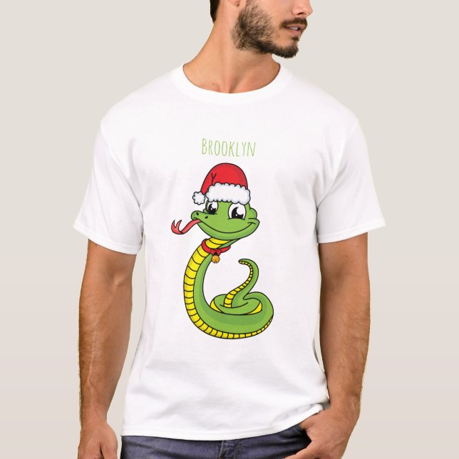 Cute green snake with santa hat cartoon T-Shirt (Front)