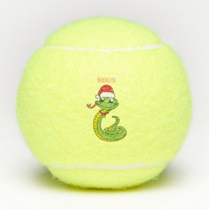 Cute green snake with santa hat cartoon tennis balls