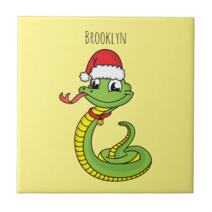Cute green snake with santa hat cartoon tile