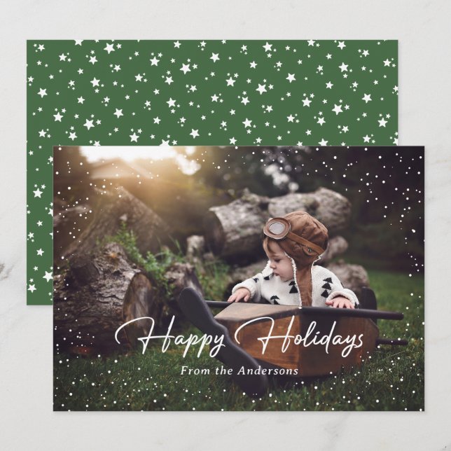 Cute Green Snow Stars Photo Holiday Card (Front/Back)
