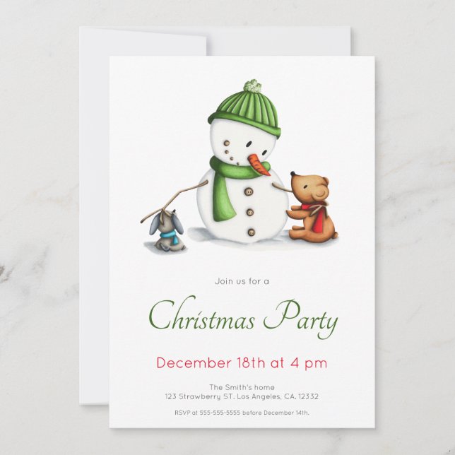 Cute Green Snowman Christmas Party Invitation (Front)
