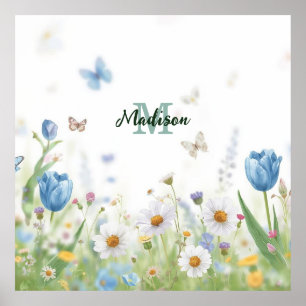 Cute Green Spring Flower Wildflower Bouquet Monogr Poster