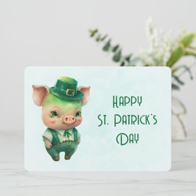 Cute Green St. Patrick's Day Pig Holiday Card (Standing Front)
