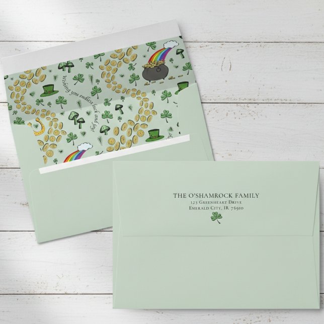 Cute Green St Patrick's Luck & Joy Irish Blessing Envelope (Irish Lucky Green Shamrocks Clovers Gold Coins Rainbow Pot of Gold Leprechaun St Paddys Envelopes)