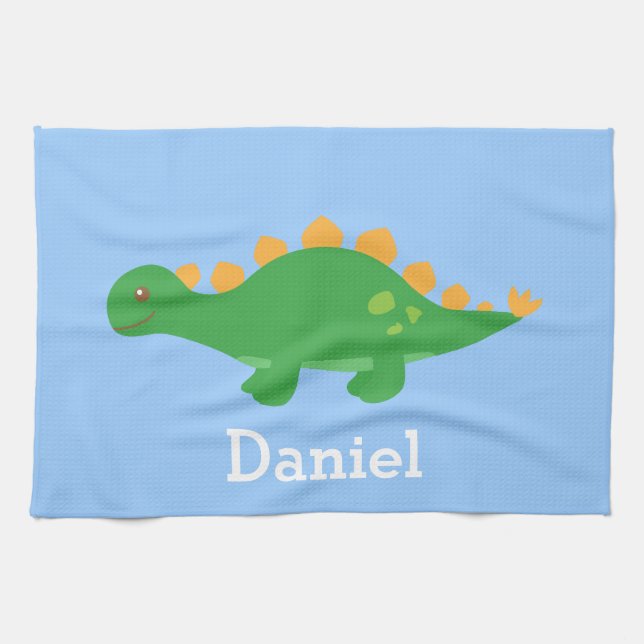 Cute Green Stegosaurus Dinosaur for Kids Tea Towel (Horizontal)