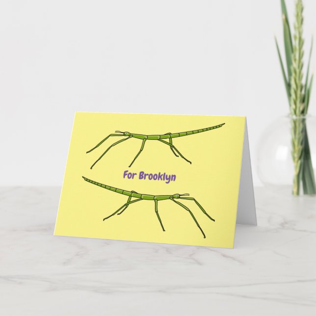 Cute green stick insects with happy faces cartoon card (Front)