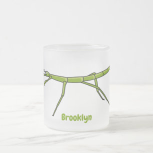 Cute green stick insects with happy faces cartoon frosted glass coffee mug