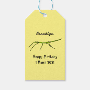 Cute green stick insects with happy faces cartoon gift tags
