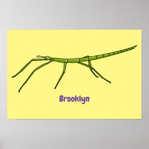 Cute green stick insects with happy faces cartoon  poster