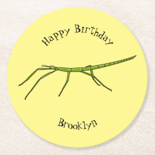 Cute green stick insects with happy faces cartoon round paper coaster