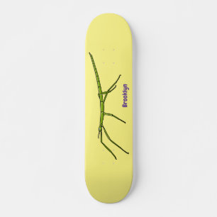 Cute green stick insects with happy faces cartoon skateboard