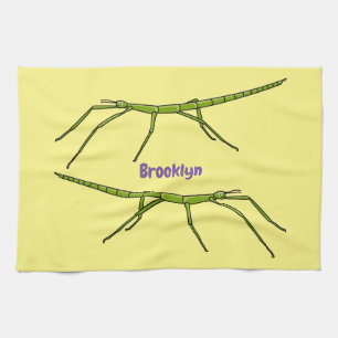 Cute green stick insects with happy faces cartoon tea towel