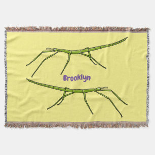 Cute green stick insects with happy faces cartoon throw blanket