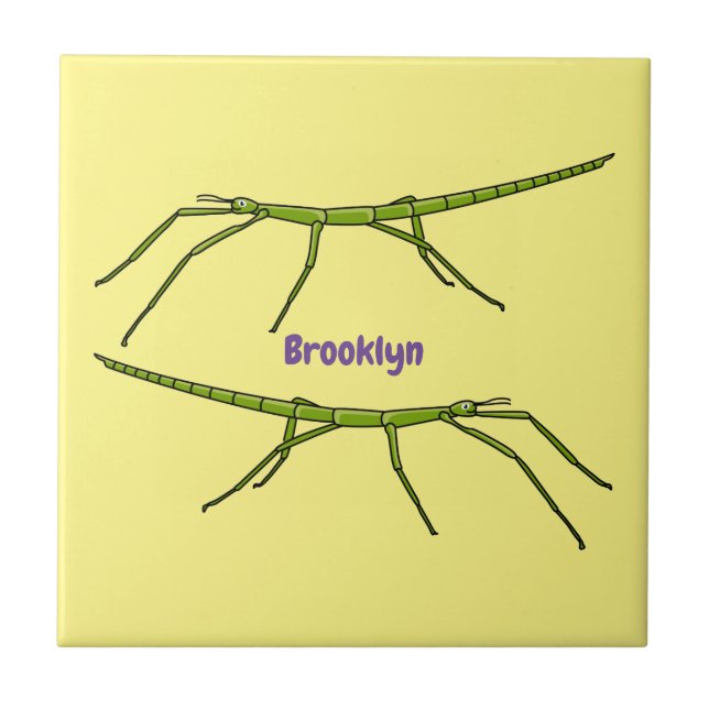 Cute green stick insects with happy faces cartoon tile (Front)