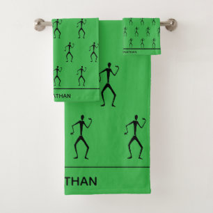 Cute Green, Stick Man Silhouette Dancer Pattern Bath Towel Set