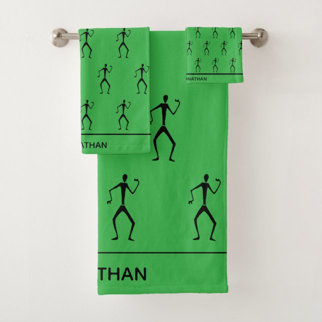 Cute Green, Stick Man Silhouette Dancer Pattern Bath Towel Set (Insitu)